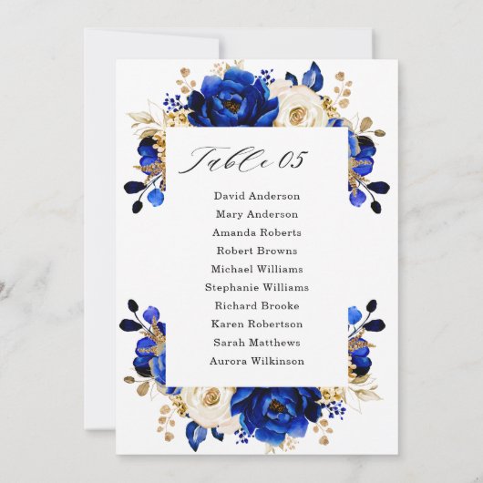 Royal Blue Yellow Gold Metallic Seating Chart Card Kaart (Achterkant)