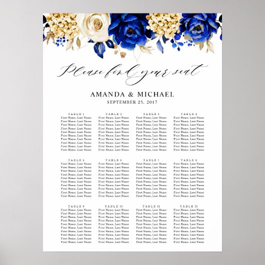 Royal Blue Yellow Gold Metallic Seating Chart Poster (Voorkant)