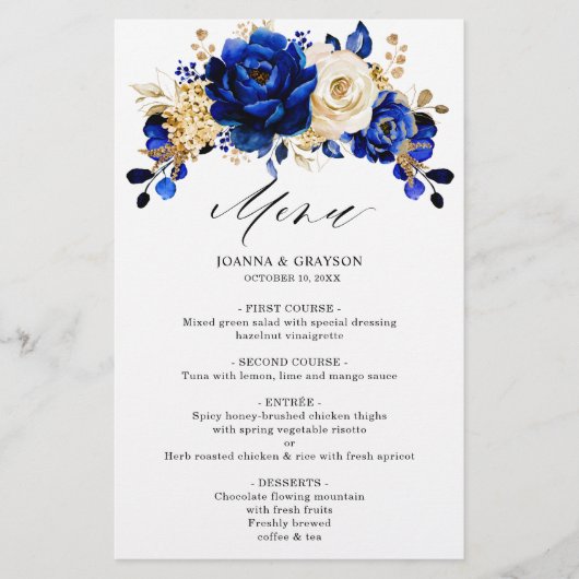 Royal Blue Yellow Gold Metallic Wedding Menu (Voorkant)