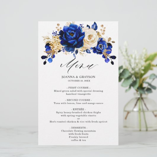 Royal Blue Yellow Gold Metallic Wedding Menu (Staand voorkant)