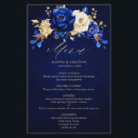 Royal Blue Yellow Gold Metallic Wedding Menu<br><div class="desc">Elegant royal blue goudthema bruiloft menu met elegante bouquet van koninklijk blauw,  Navy,  goud,  gele roos bloemen knoppen en eucalyptusbladeren. Neem contact met mij op voor hulp bij aanpassingen of als u een ander product nodig hebt met dit ontwerp.</div>