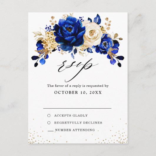 Royal Blue Yellow Gold Metallic Wedding RSVP Briefkaart (Voorkant)