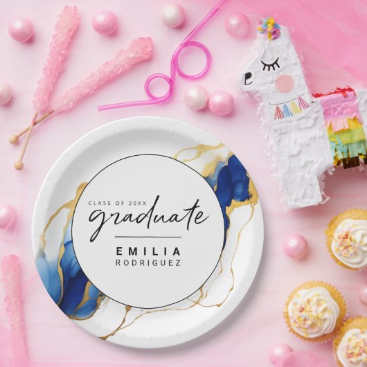 Royal Blue Yellow Gold Minimalistisch Afstuderen Papieren Bordje (Feest)