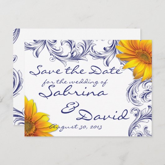  Royal Blue Yellow Sunflower Save the Date Aankondigingskaart (Voorkant / Achterkant)
