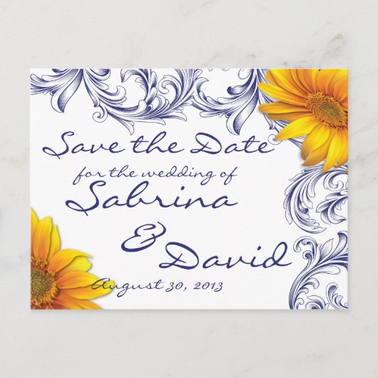  Royal Blue Yellow Sunflower Save the Date Aankondigingskaart (Voorkant)