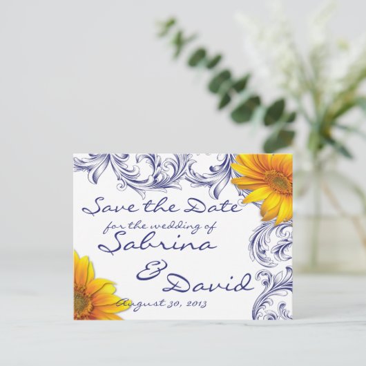  Royal Blue Yellow Sunflower Save the Date Aankondigingskaart (Staand voorkant)