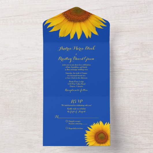 Royal Blue Yellow Sunflower Wedding RSVP All In One Uitnodiging (Binnen)