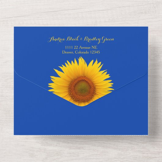 Royal Blue Yellow Sunflower Wedding RSVP All In One Uitnodiging (Achterkant)