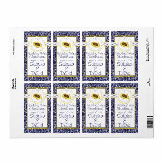 Royal Blue Yellow Zonnebloemen Wedding Wine Label (Full Sheet)