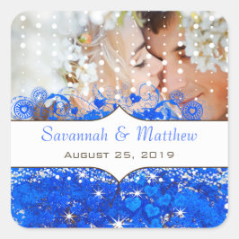 Royal Blue Your Photo Romantic Heart Leaf Vierkante Sticker
