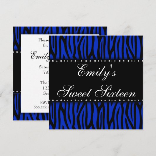 Royal Blue Zebra Diamonds Sweet 16 Birthday Kaart (Voorkant / Achterkant)