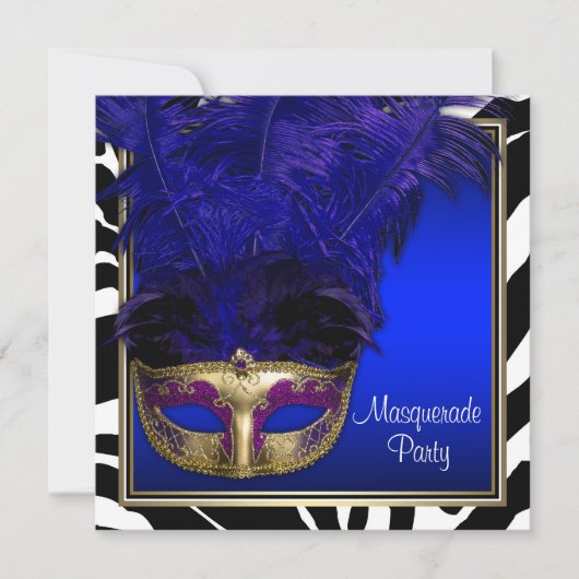 Royal Blue Zebra Masquerade Uitnodigingen (Voorkant)
