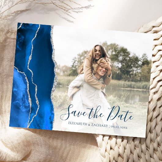 Royal Blue Zilver Agaat Aangepaste Foto Save the D Briefkaart
