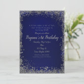 Royal Blue Zilver Glitter Glam 1e Verjaardagsfeest Kaart (Staand voorkant)