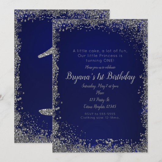 Royal Blue Zilver Glitter Glam 1e Verjaardagsfeest Kaart (Voorkant / Achterkant)