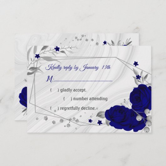 royal blue zilver grijs bloemgeometrisch RSVP kaartje (Voorkant / Achterkant)