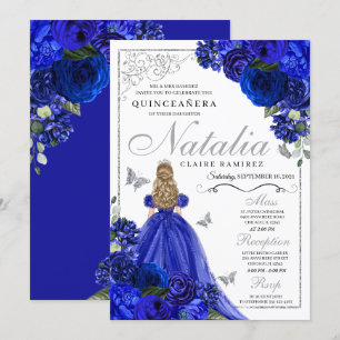 Royal Blue Zilver Prinses Vlinders Quinceañera Kaart