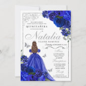 Royal Blue Zilver Prinses Vlinders Quinceañera Kaart (Voorkant)