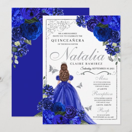 Royal Blue Zilver Prinses Vlinders Quinceañera Kaart (Voorkant / Achterkant)