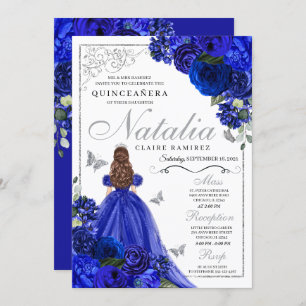 Royal Blue Zilver Prinses Vlinders Quinceañera Kaart