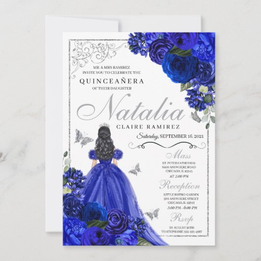 Royal Blue Zilver Prinses Vlinders Quinceañera Kaart (Voorkant)
