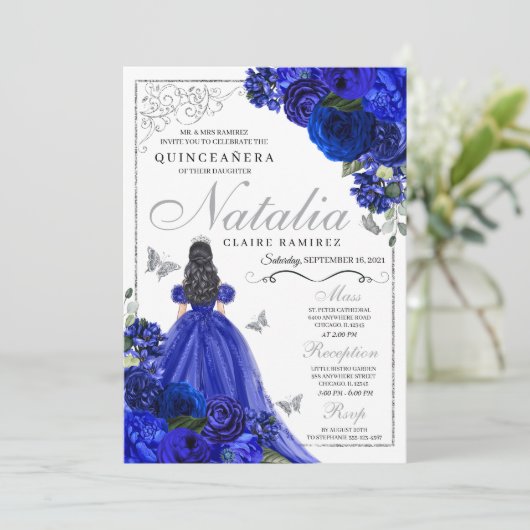 Royal Blue Zilver Prinses Vlinders Quinceañera Kaart (Staand voorkant)