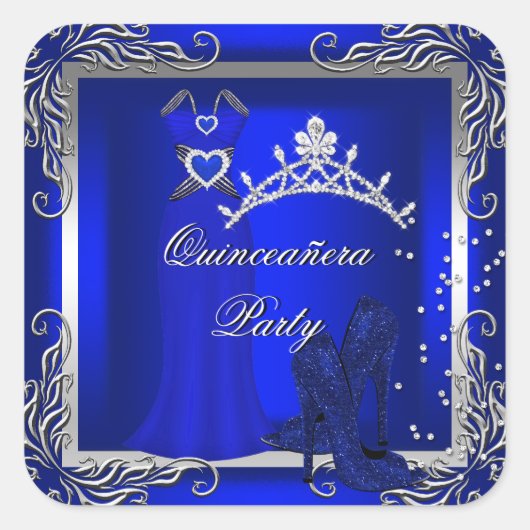 Royal Blue Zilver Quinceanera Blauwe Hoge Hakschoe Vierkante Sticker (Voorkant)