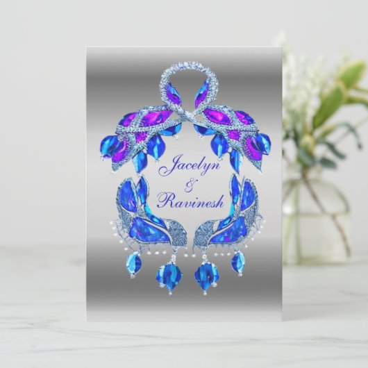 Royal Blue Zilver Royal Indian Peacock Bruiloft Kaart (Staand voorkant)