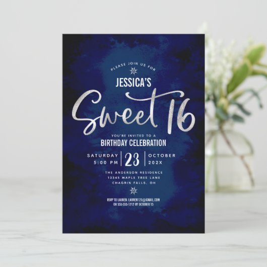 Royal Blue Zilver Script Bold Sweet 16 Verjaardag Kaart (Staand voorkant)