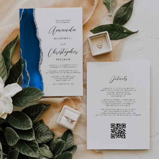 Royal Blue Zilveren Agaat QR Code Wedding Kaart
