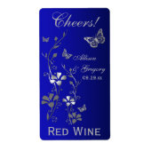 Royal Blue, zilveren bloemen bruiloft fles label (Voorkant)