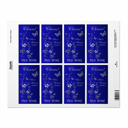 Royal Blue, zilveren bloemen bruiloft fles label (Full Sheet)