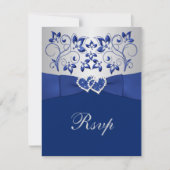 Royal Blue, zilveren bloemen, harten bruiloft RSVP (Voorkant)