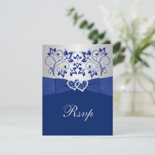 Royal Blue, zilveren bloemen, harten bruiloft RSVP (Staand voorkant)