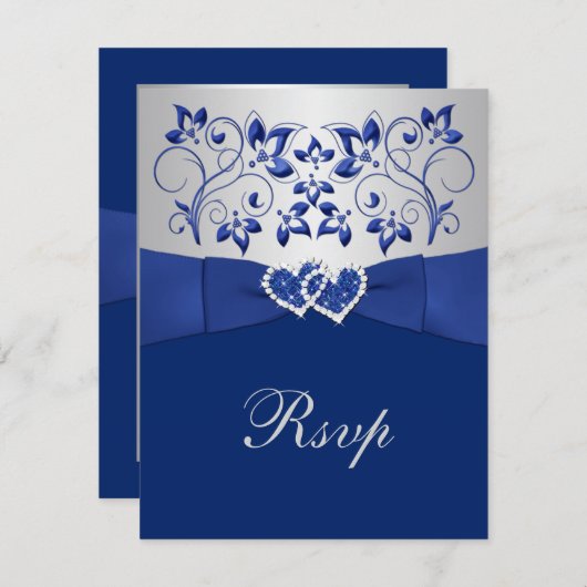 Royal Blue, zilveren bloemen, harten bruiloft RSVP (Voorkant / Achterkant)