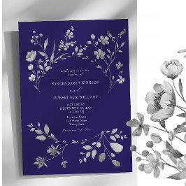 Royal Blue Zilveren Bloemen Huwelijksuitnodiging Kaart