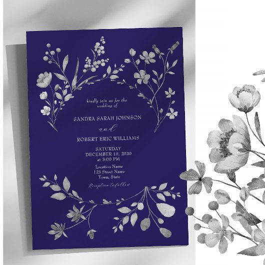 Royal Blue Zilveren Bloemen Huwelijksuitnodiging Kaart