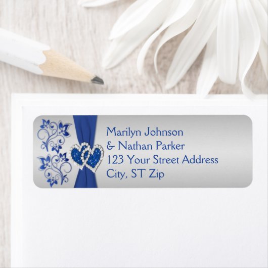 Royal Blue, zilveren bloemen retour adreslabels Etiket (Insitu)
