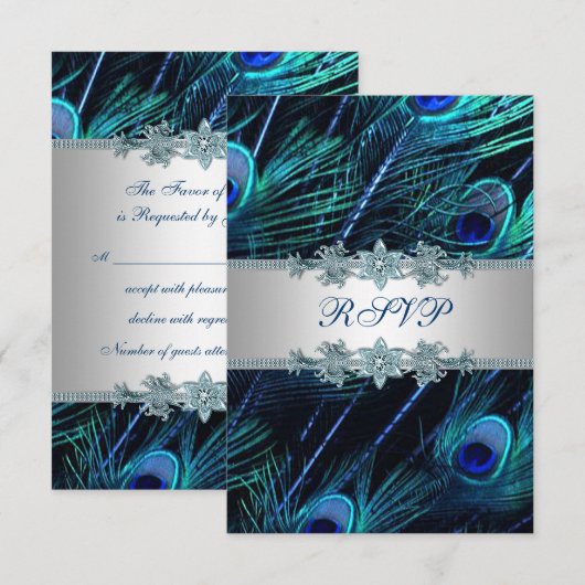 Royal Blue Zilveren Pauw Huwelijk RSVP (Voorkant / Achterkant)