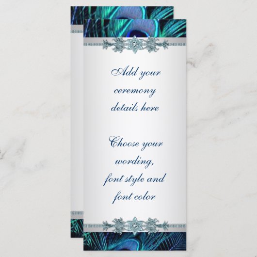 Royal Blue Zilveren Pauw Trouwprogramma's Programmakaart (Voorkant / Achterkant)