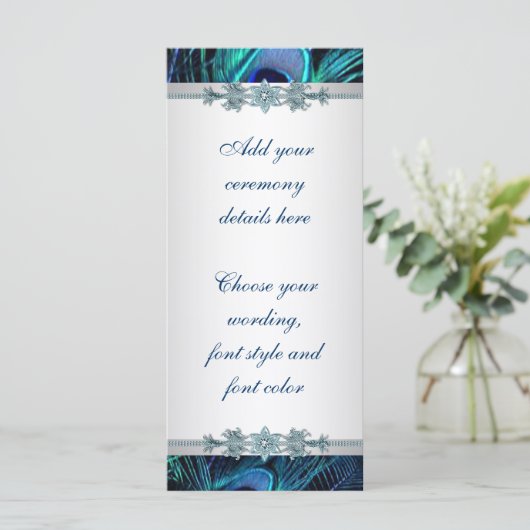 Royal Blue Zilveren Pauw Trouwprogramma's Programmakaart (Staand voorkant)