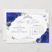 Royal Blue & Zilveren Quinceañera Save The Date Kaart (Voorkant)