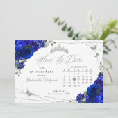 Royal Blue & Zilveren Quinceañera Save The Date Kaart (Staand voorkant)