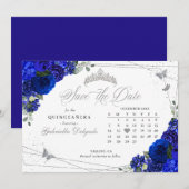 Royal Blue & Zilveren Quinceañera Save The Date Kaart (Voorkant / Achterkant)