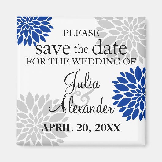 Royal Blue Zilvergrijs Floral Burst Save the Date Magneet (Voorkant)