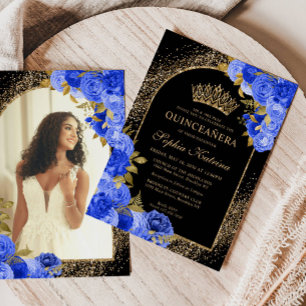 Royal Blue Zwart Goud Bloemen Foto Quinceanera Kaart