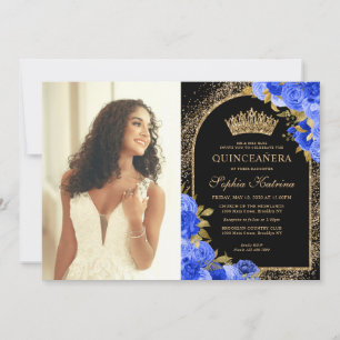 Royal Blue Zwart Goud Bloemen Foto Quinceanera Kaart
