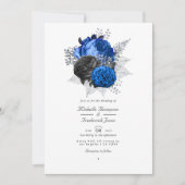 Royal Blue, Zwart & Zilveren Bloem QR Code Trouwfe Kaart (Voorkant)