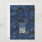 Royal Blue, Zwart & Zilveren Bloem QR Code Trouwfe Kaart (Achterkant)