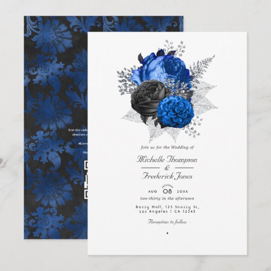 Royal Blue, Zwart & Zilveren Bloem QR Code Trouwfe Kaart (Voorkant / Achterkant)